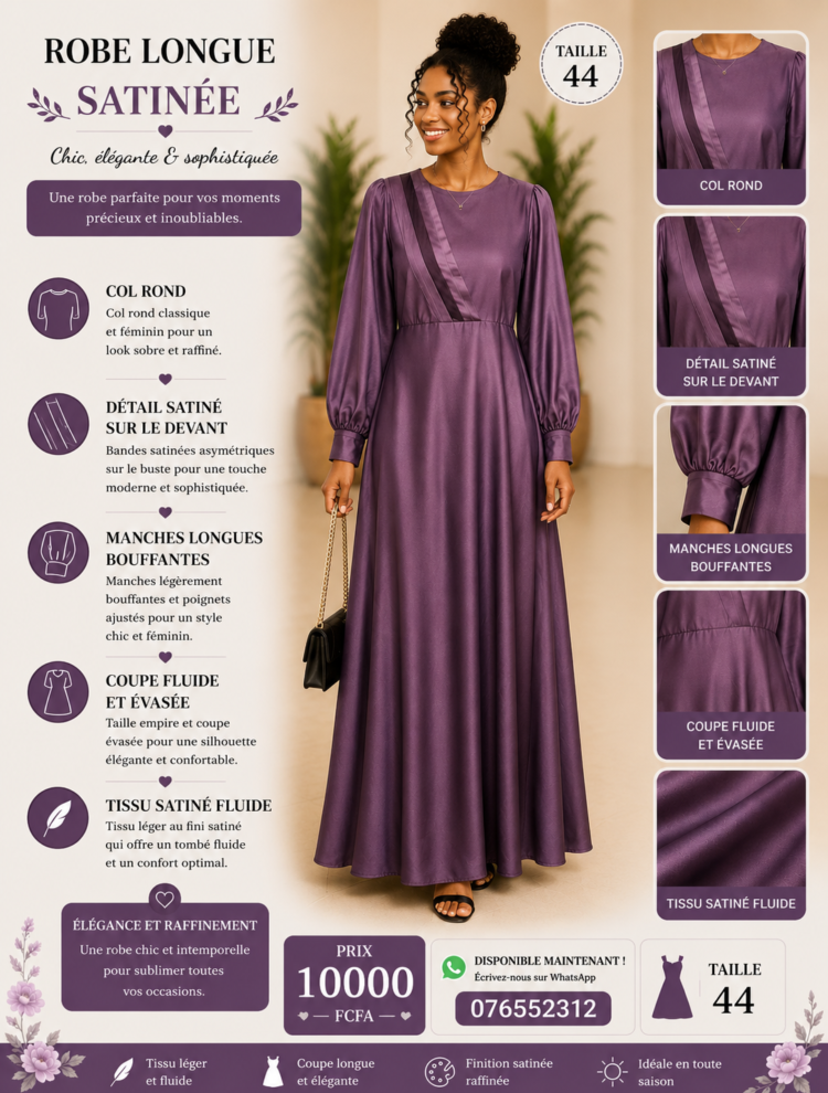 Robe Longue Satinée Violet Prune – Image 2