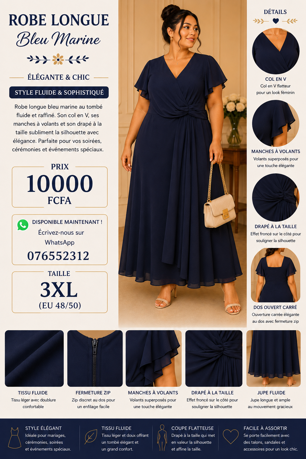 Robe Longue Bleu Marine Élégante – Image 2