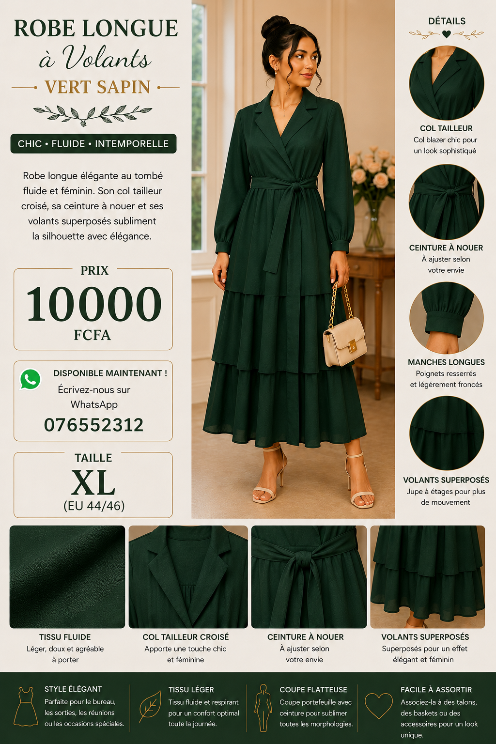 Robe longue à volants vert sapin – Image 2