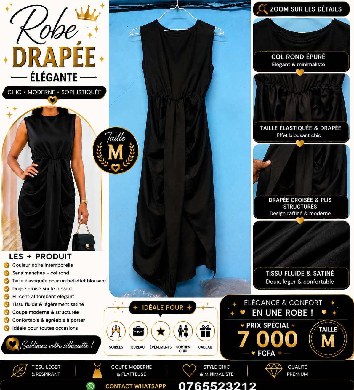 Robe Noire Drapée Élégante – Image 2