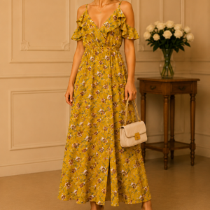 Robe Longue Fleurie Jaune Moutarde