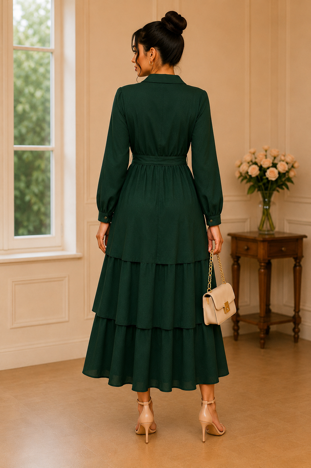 Robe longue à volants vert sapin – Image 3