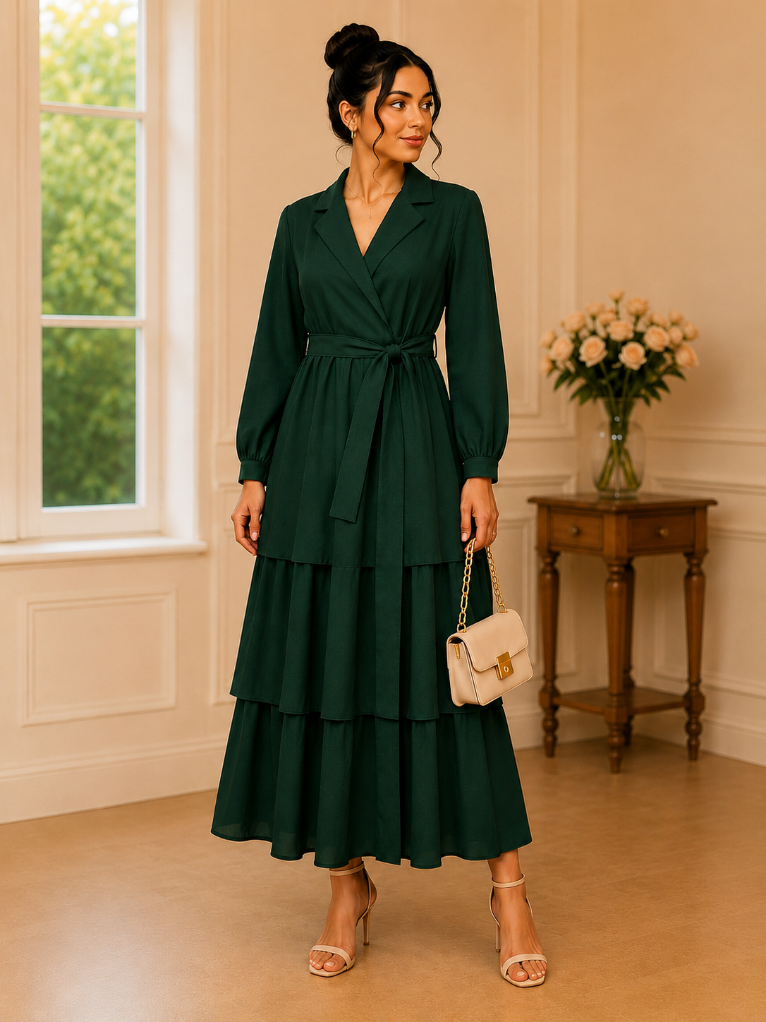 Robe longue à volants vert sapin