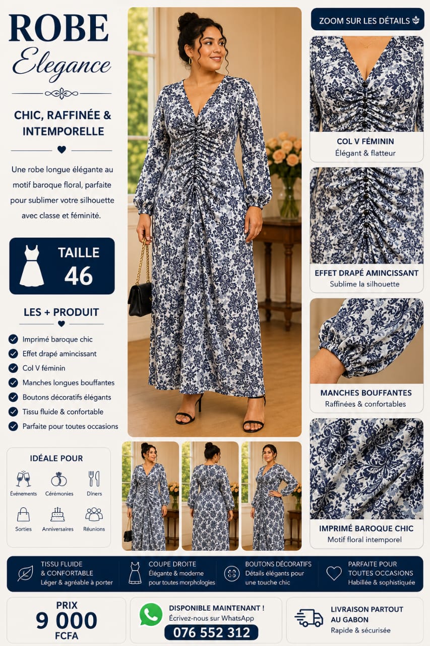 Robe Longue Élégance Bleu & Blanc – Image 2