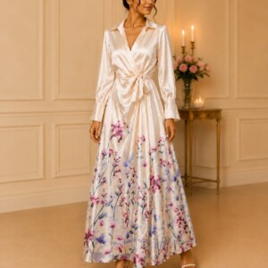 Robe Longue Satinée Fleurie Beige